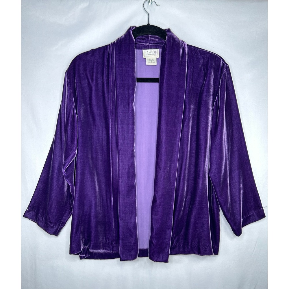 Field Manor Purple Silk Blend Velvet Open Front Cardigan Jacket Boho Chic Sz S